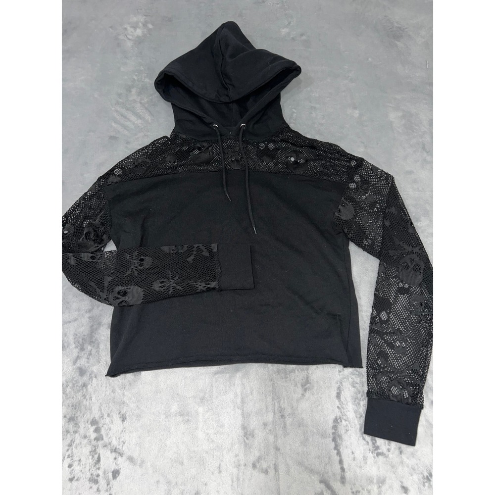 Black Skull Mesh Crop Hoodie Y2K Goth Punk Fishnet Sleeve Sweatshirt